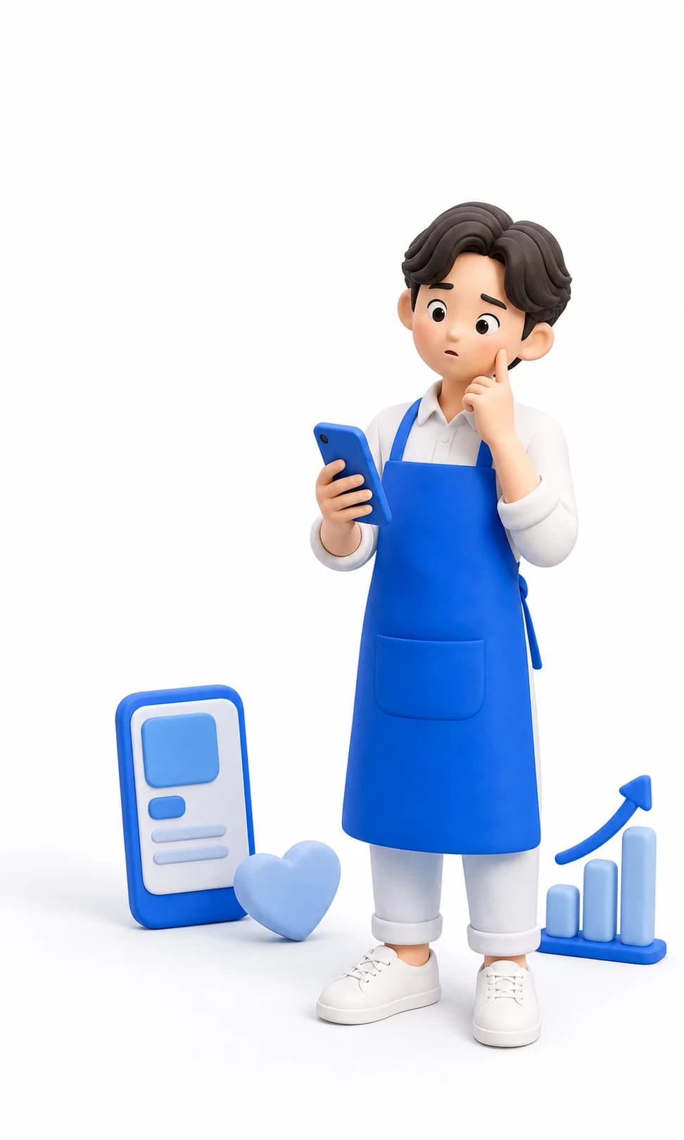 스마트폰 속 광고 설정을 보며 고민하는 젊은 자영업 사장님 클레이 일러스트